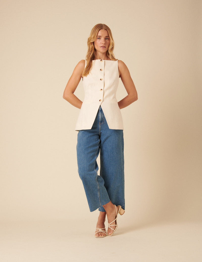 Cream Linen-Blend Longline Waistcoat