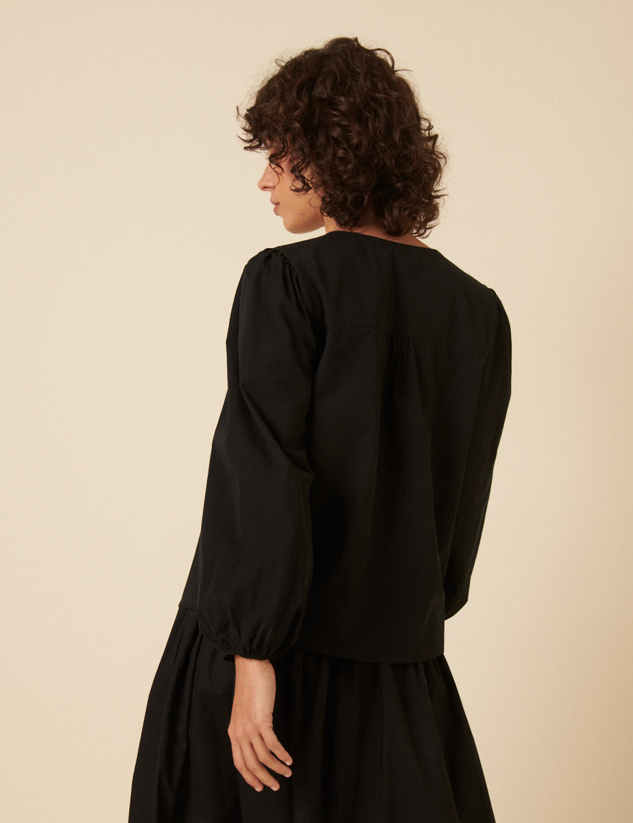 Black Tie-Front Long Sleeve Bernadetta Blouse