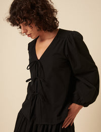 Black Tie-Front Long Sleeve Bernadetta Blouse