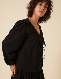 Black Tie-Front Long Sleeve Bernadetta Blouse