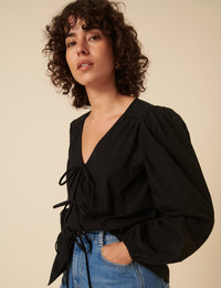Black Tie-Front Long Sleeve Bernadetta Blouse