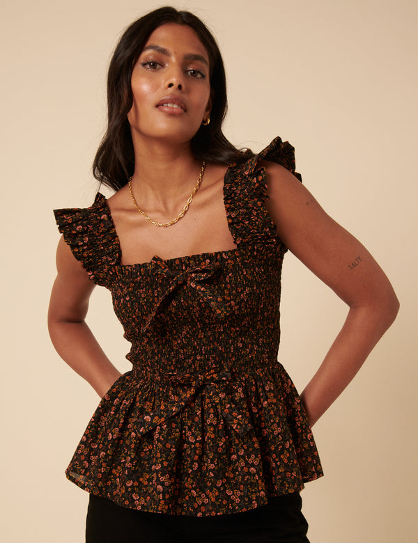 Black Ditsy Floral Shirred Top