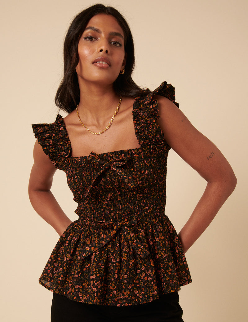Black Ditsy Floral Shirred Top