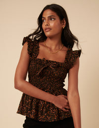 Black Ditsy Floral Shirred Top