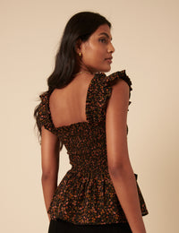 Black Ditsy Floral Shirred Top