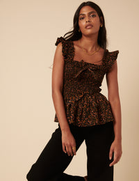 Black Ditsy Floral Shirred Top