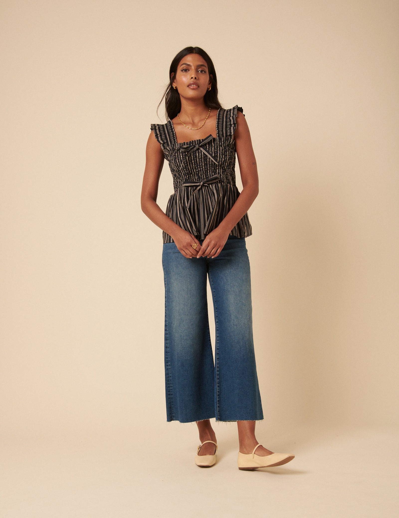 Black And White Pinstripe Shirred Top
