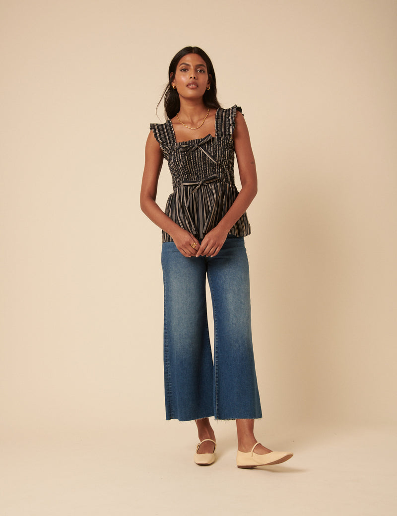 Black And White Pinstripe Shirred Top