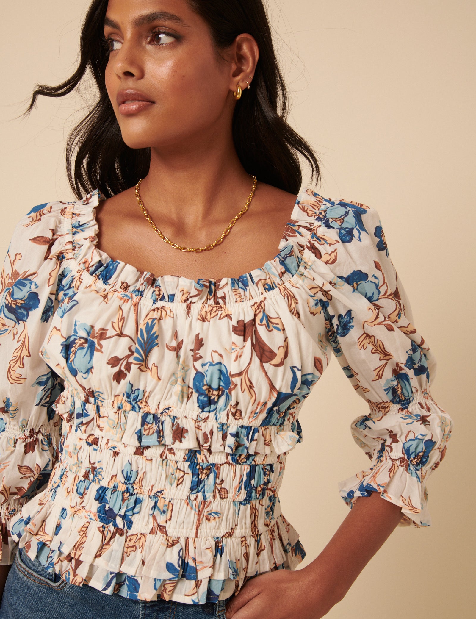 White Floral Shirred Top