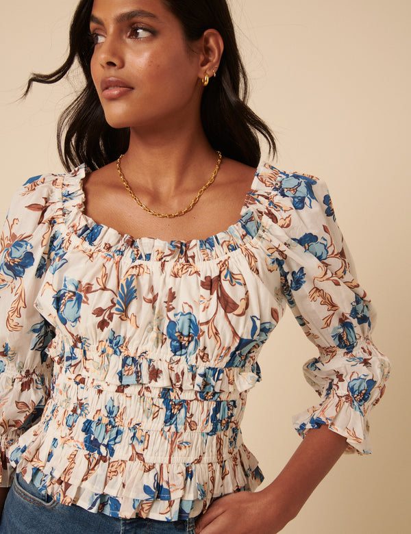 White Floral Shirred Top