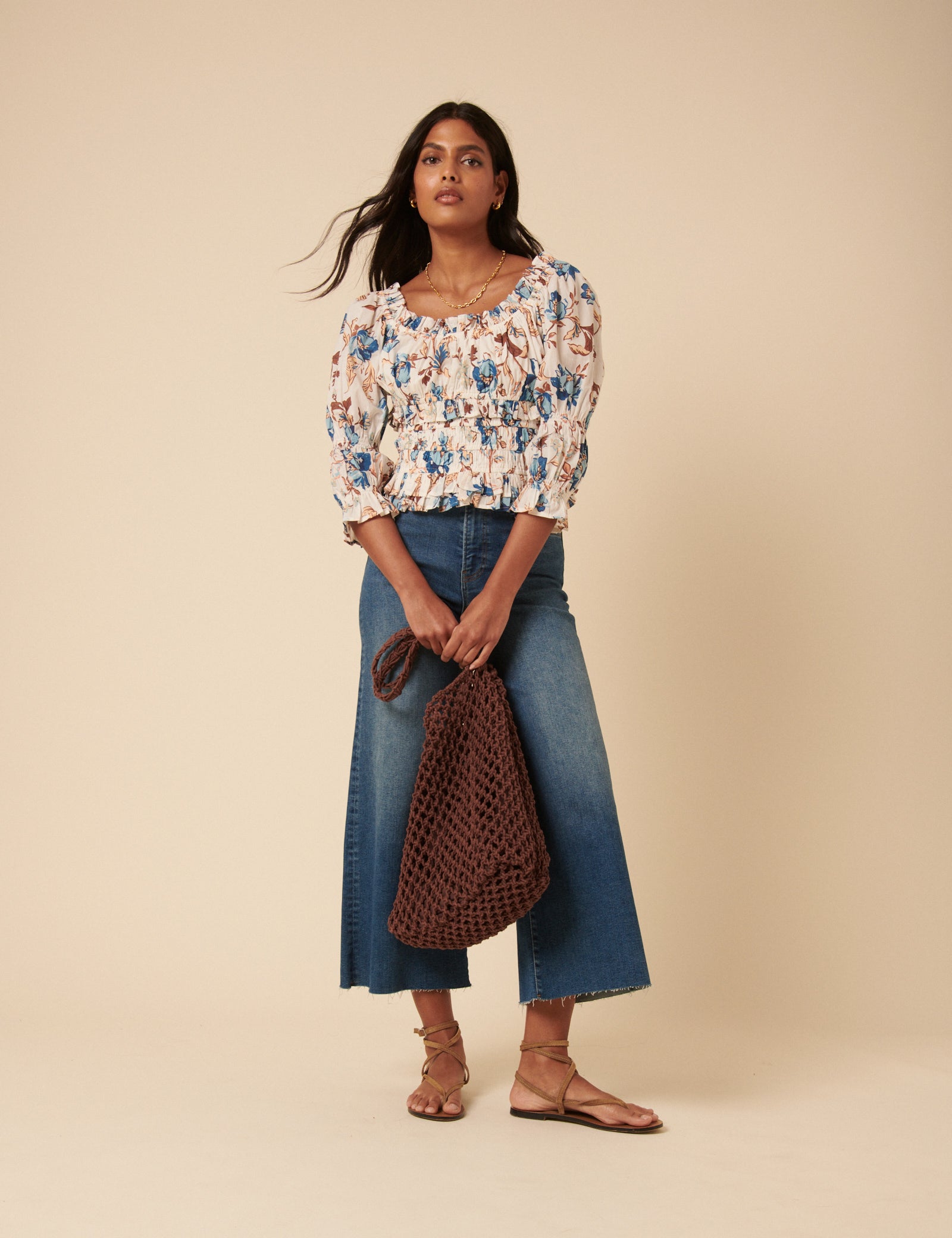 White Floral Shirred Top