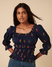 Navy Floral Embroidered Shirred Top