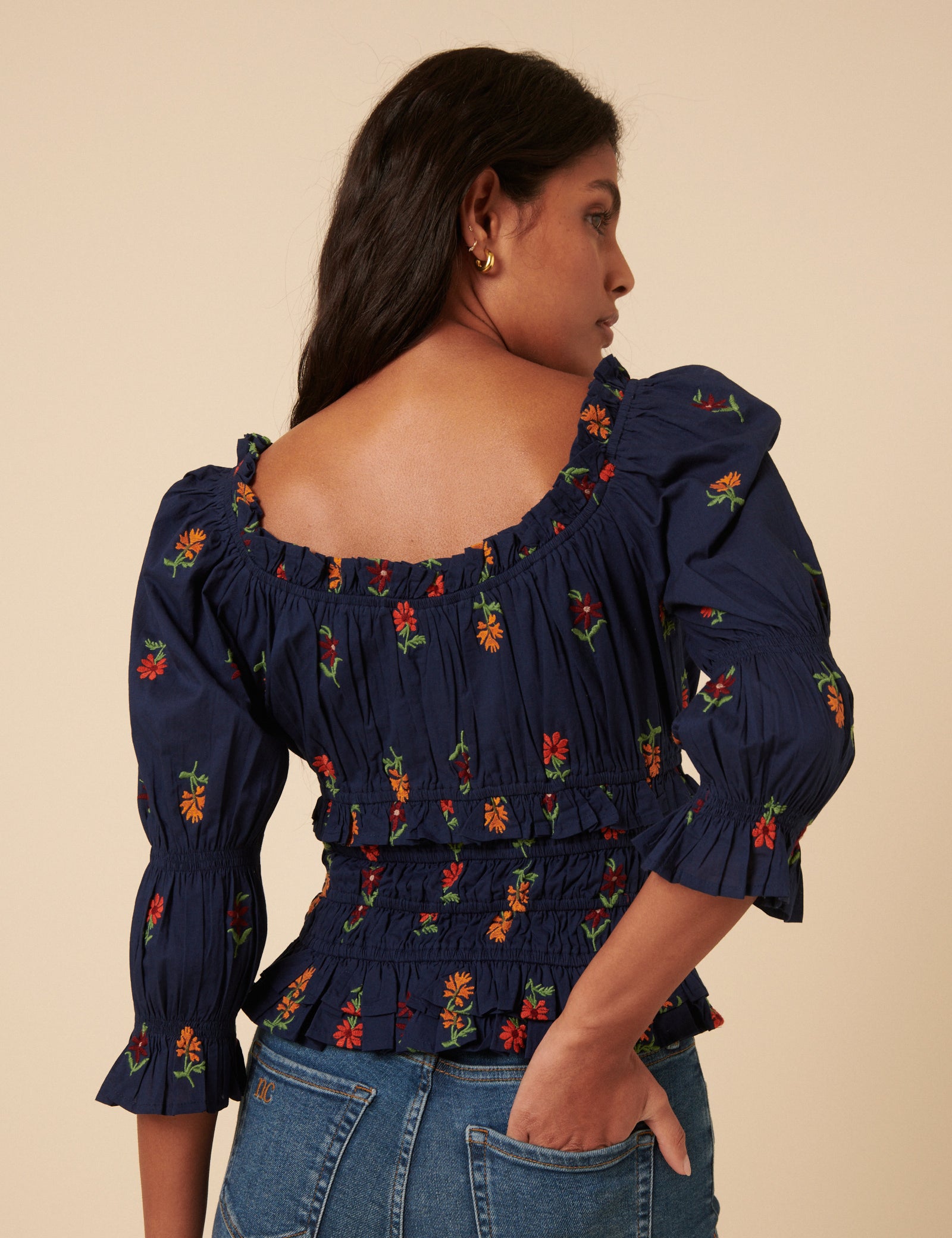 Navy Floral Embroidered Shirred Top