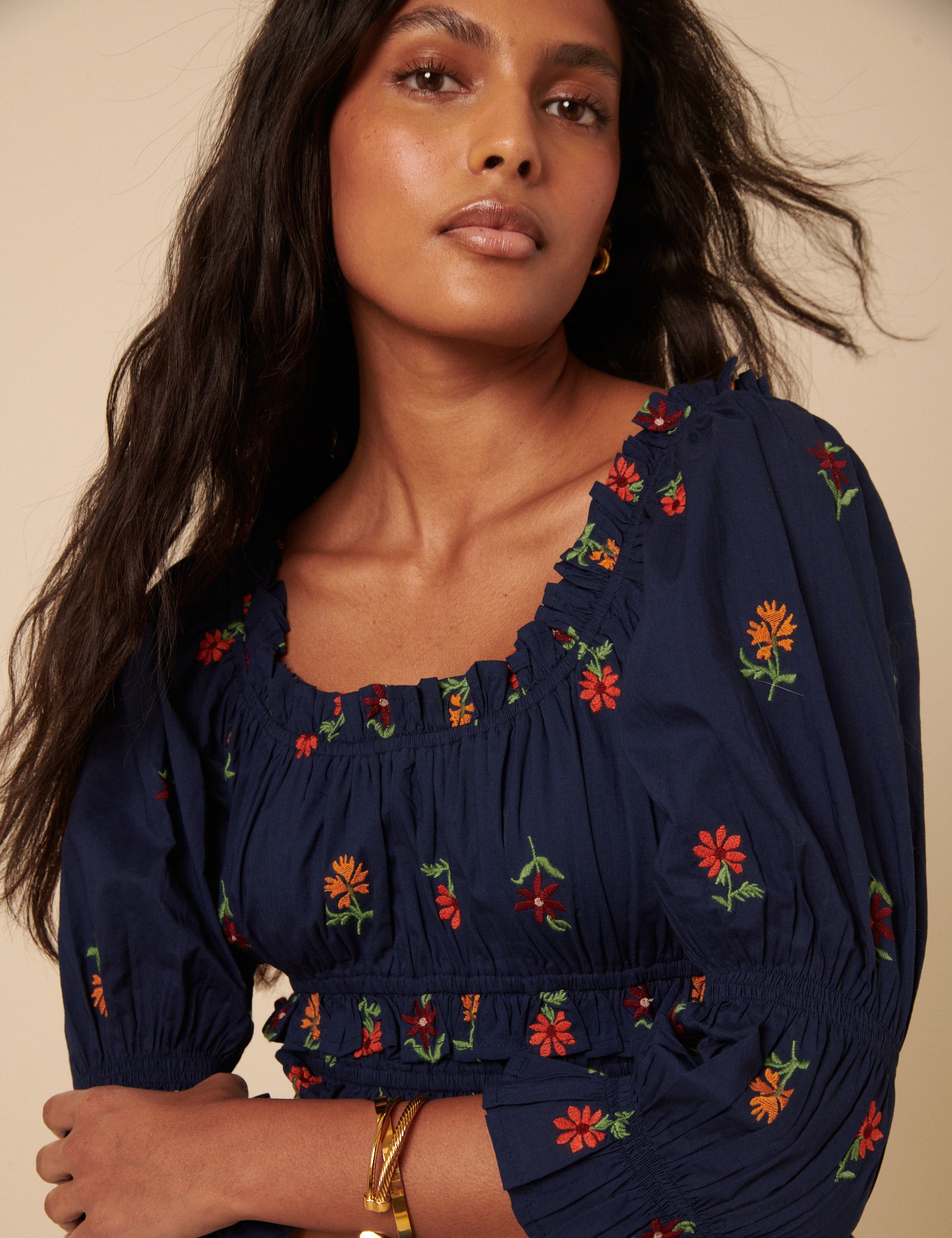 Navy Floral Embroidered Shirred Top