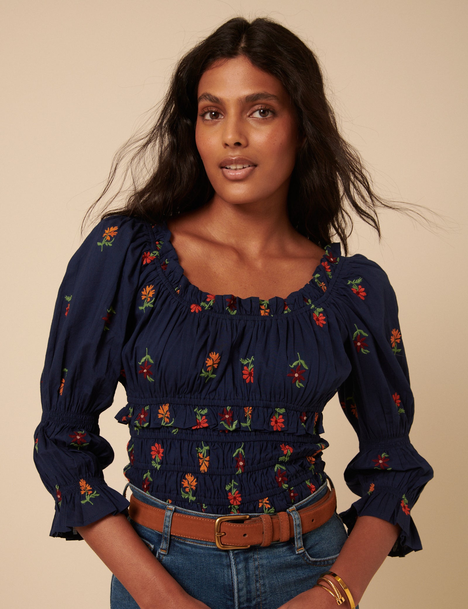 Navy Floral Embroidered Shirred Top - Main Image
