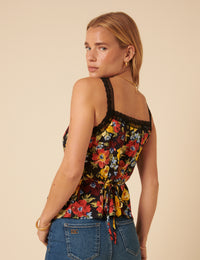 Black Floral Lace Trim Cami Top