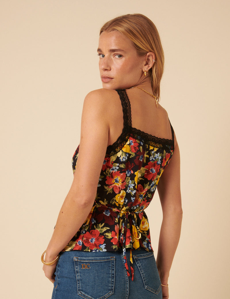 Black Floral Lace Trim Cami Top