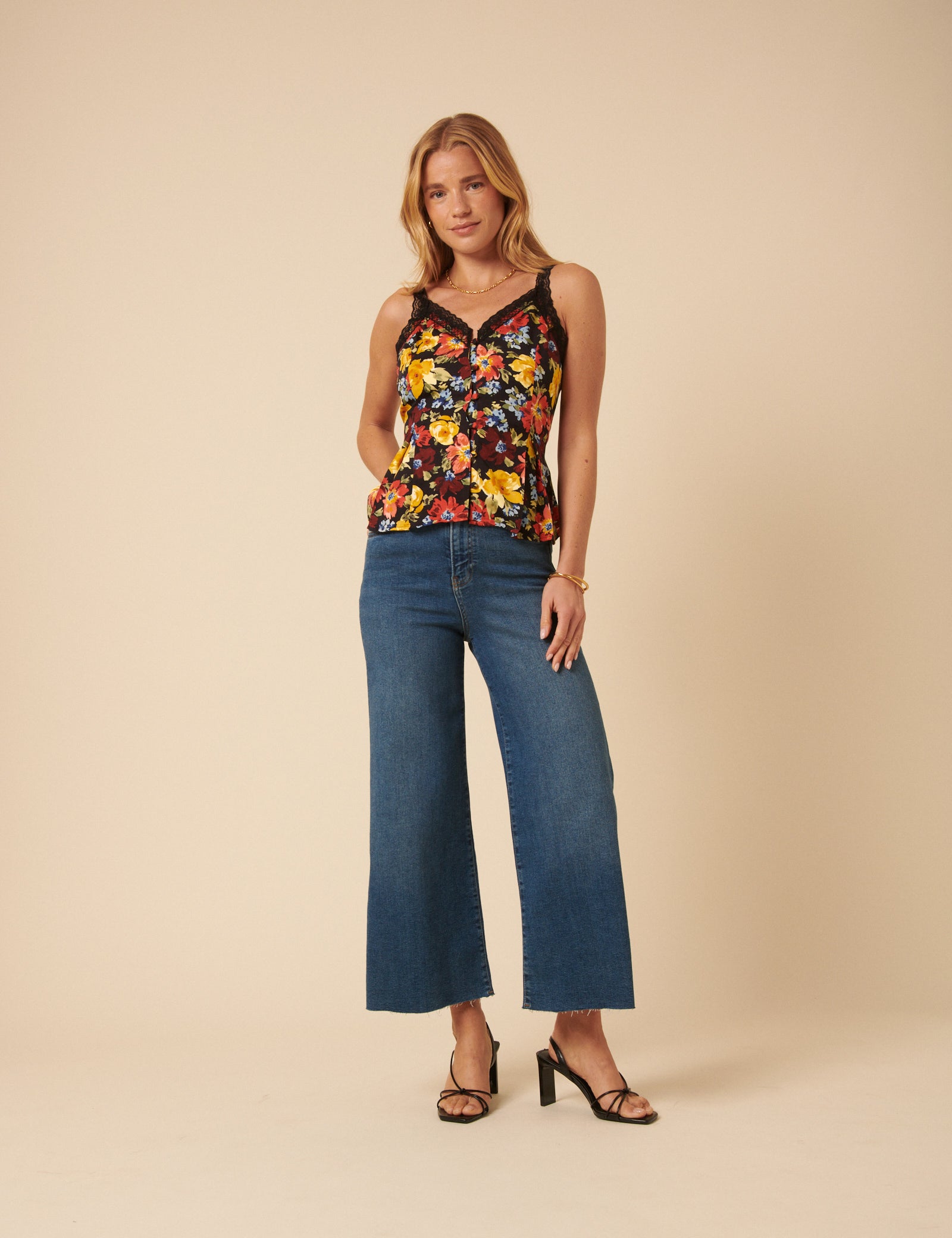 Black Floral Lace Trim Cami Top