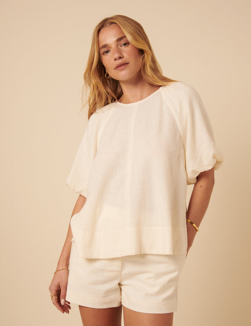 Cream Linen-Blend Puff Sleeve Top