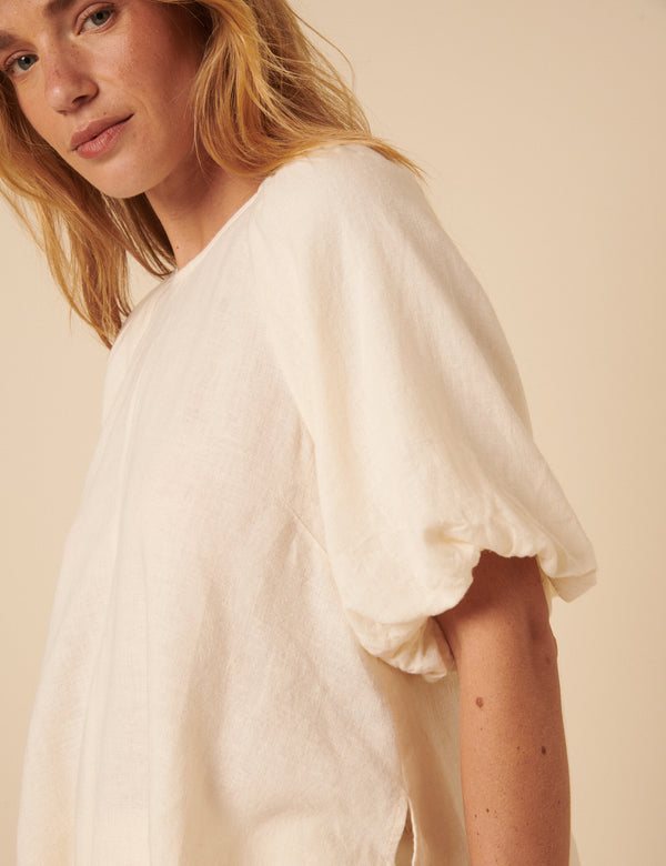 Cream Linen-blend Puff Sleeve Top