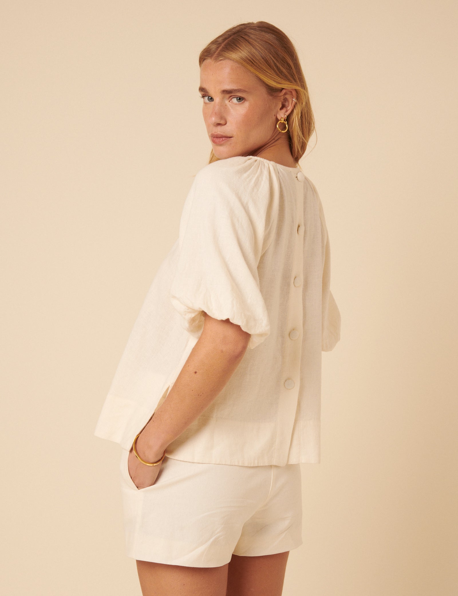 Cream Linen-blend Puff Sleeve Top