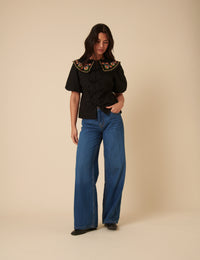 Black Floral Embroidered Tie Front Blouse