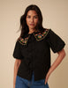 Black Floral Embroidered Tie Front Blouse