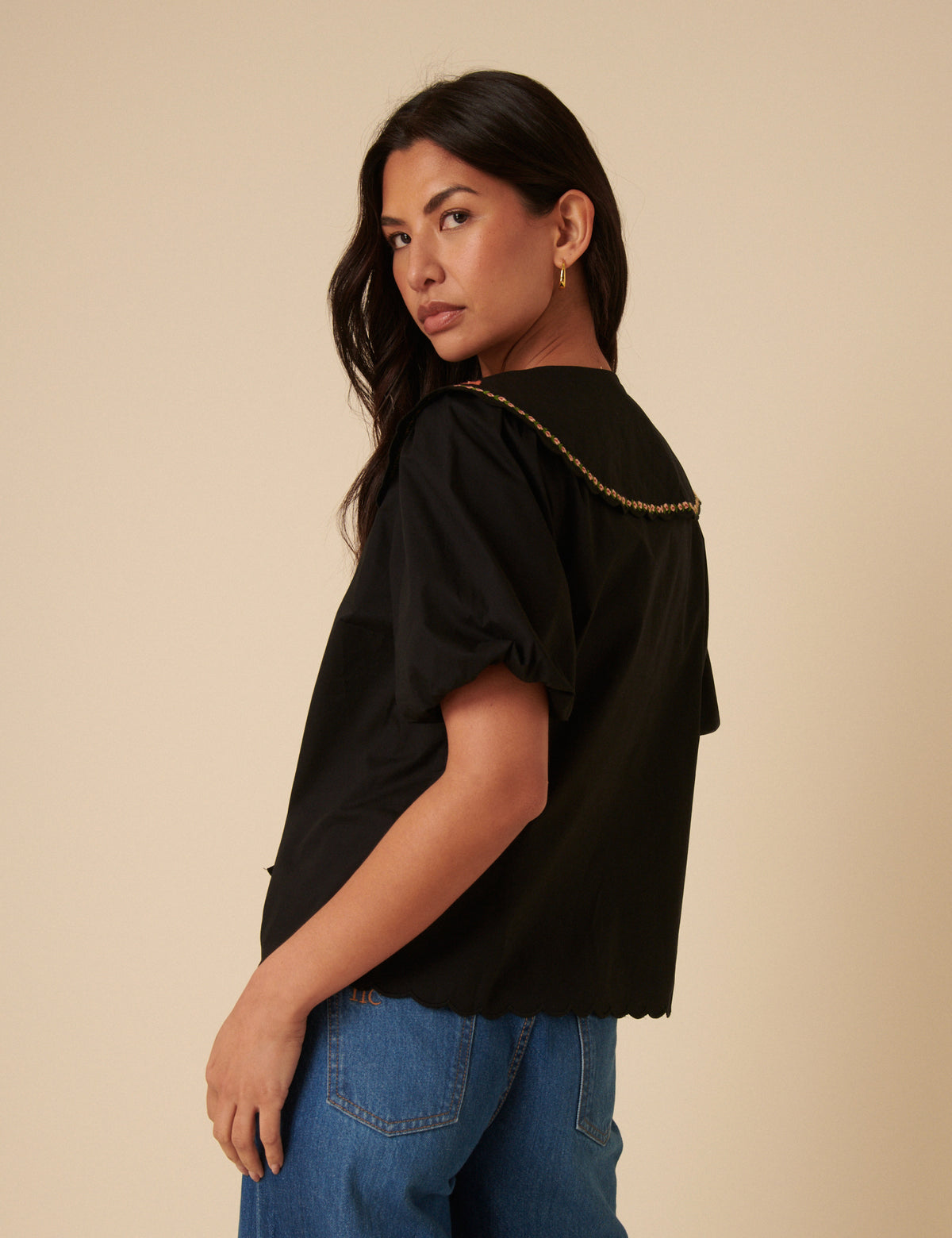 Black Floral Embroidered Tie Front Blouse