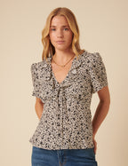 Black Floral Frill Sleeve Top