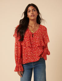 Poppy Delevingne Red Floral India Blouse