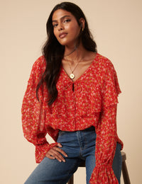Poppy Delevingne Red Floral India Blouse
