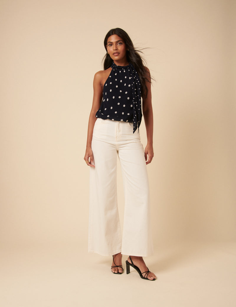 Navy Tie Neck Alexa Bodysuit Top