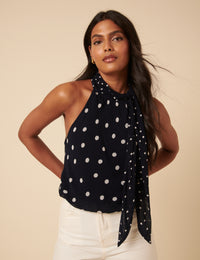 Poppy Delevingne Navy Tie Neck Alexa Bodysuit Top