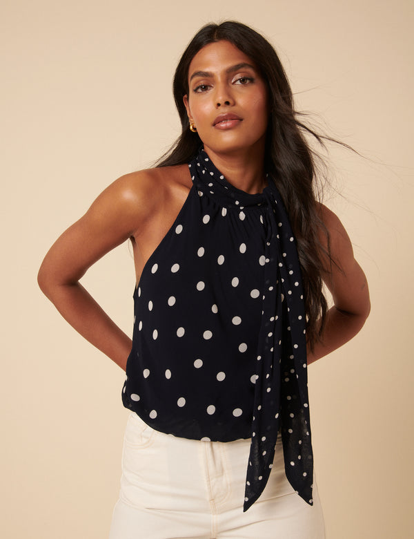 Navy Tie Neck Alexa Bodysuit Top