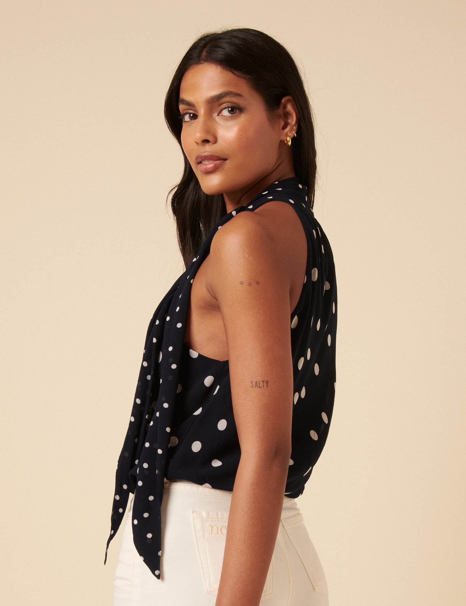 Navy Tie Neck Alexa Bodysuit Top
