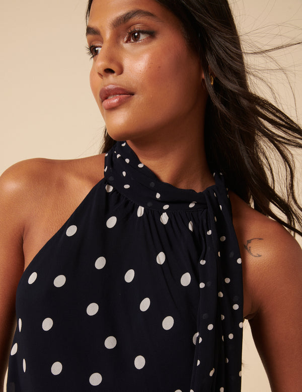 Navy Tie Neck Alexa Bodysuit Top