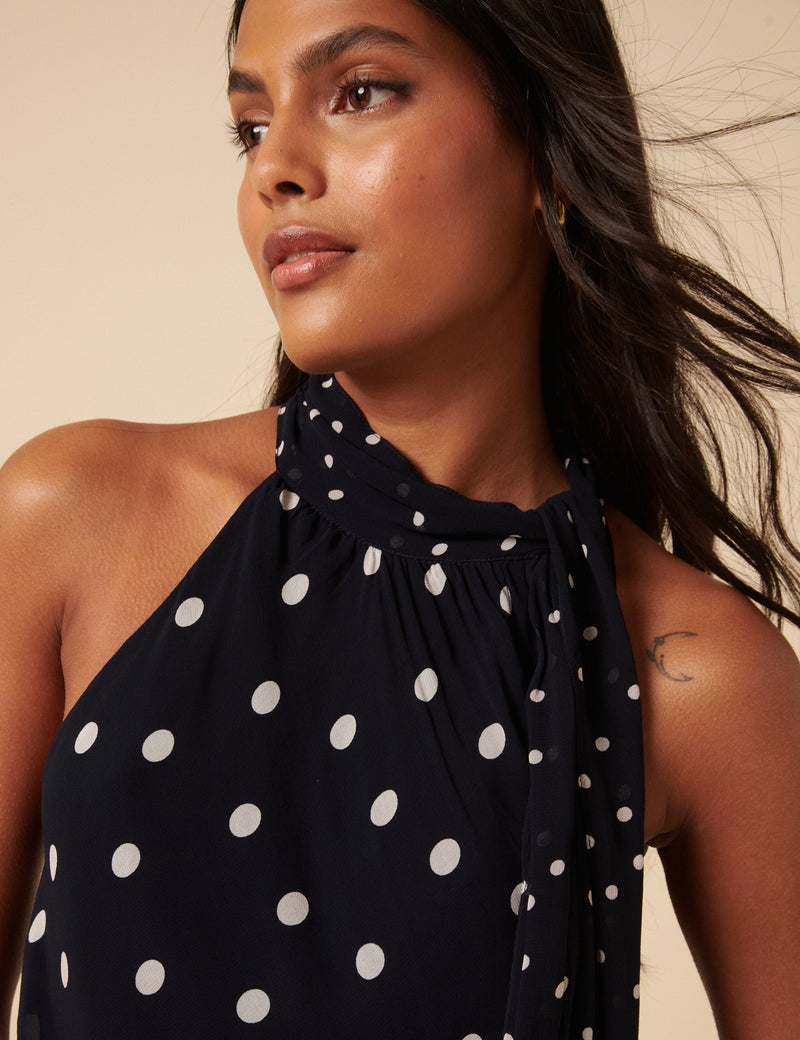 Navy Tie Neck Alexa Bodysuit Top
