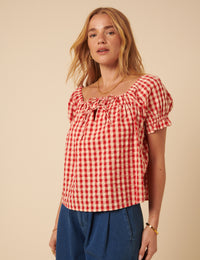Red Linen-blend Gingham Puff Sleeve Top