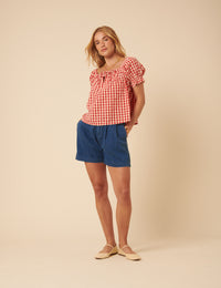 Red Linen-blend Gingham Puff Sleeve Top