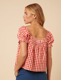 Red Linen-blend Gingham Puff Sleeve Top