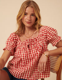 Red Linen-blend Gingham Puff Sleeve Top