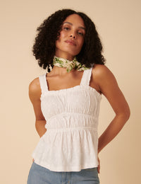 White Floral Embroidered Ruched Bodice Top