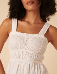 White Floral Embroidered Ruched Bodice Top