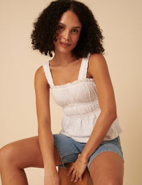 White Floral Embroidered Ruched Bodice Top