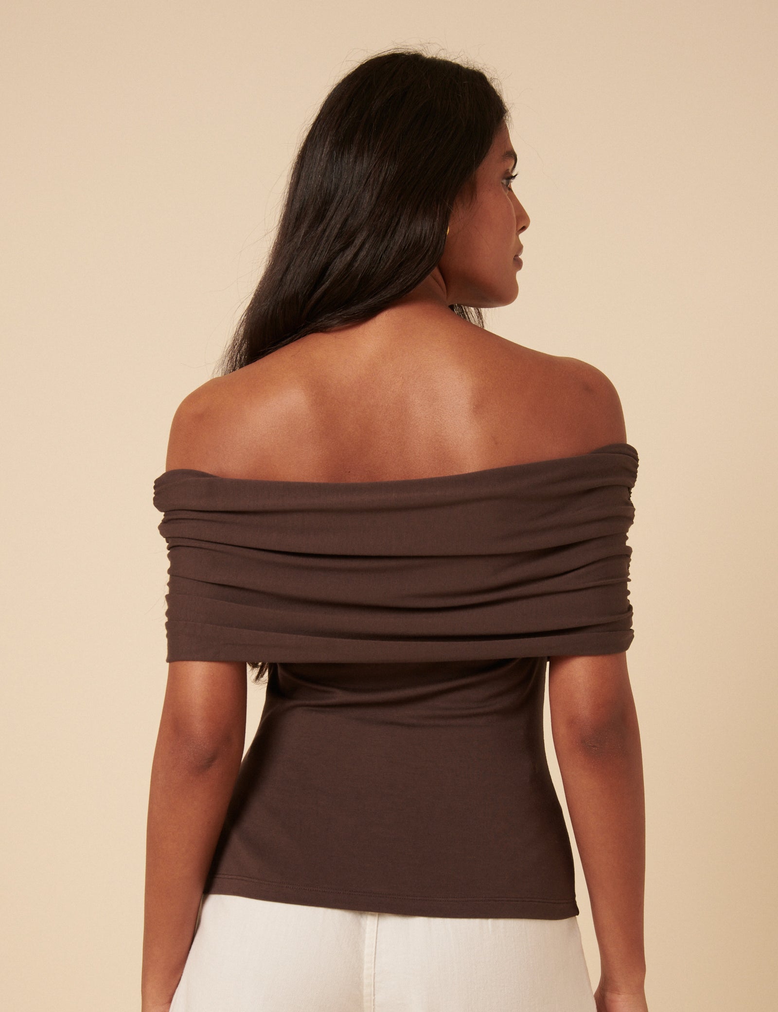 Brown Off Shoulder Ruched Top1
