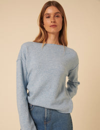Blue Slash Neck Knitted Jumper