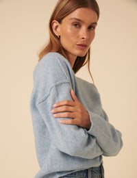 Blue Slash Neck Knitted Jumper