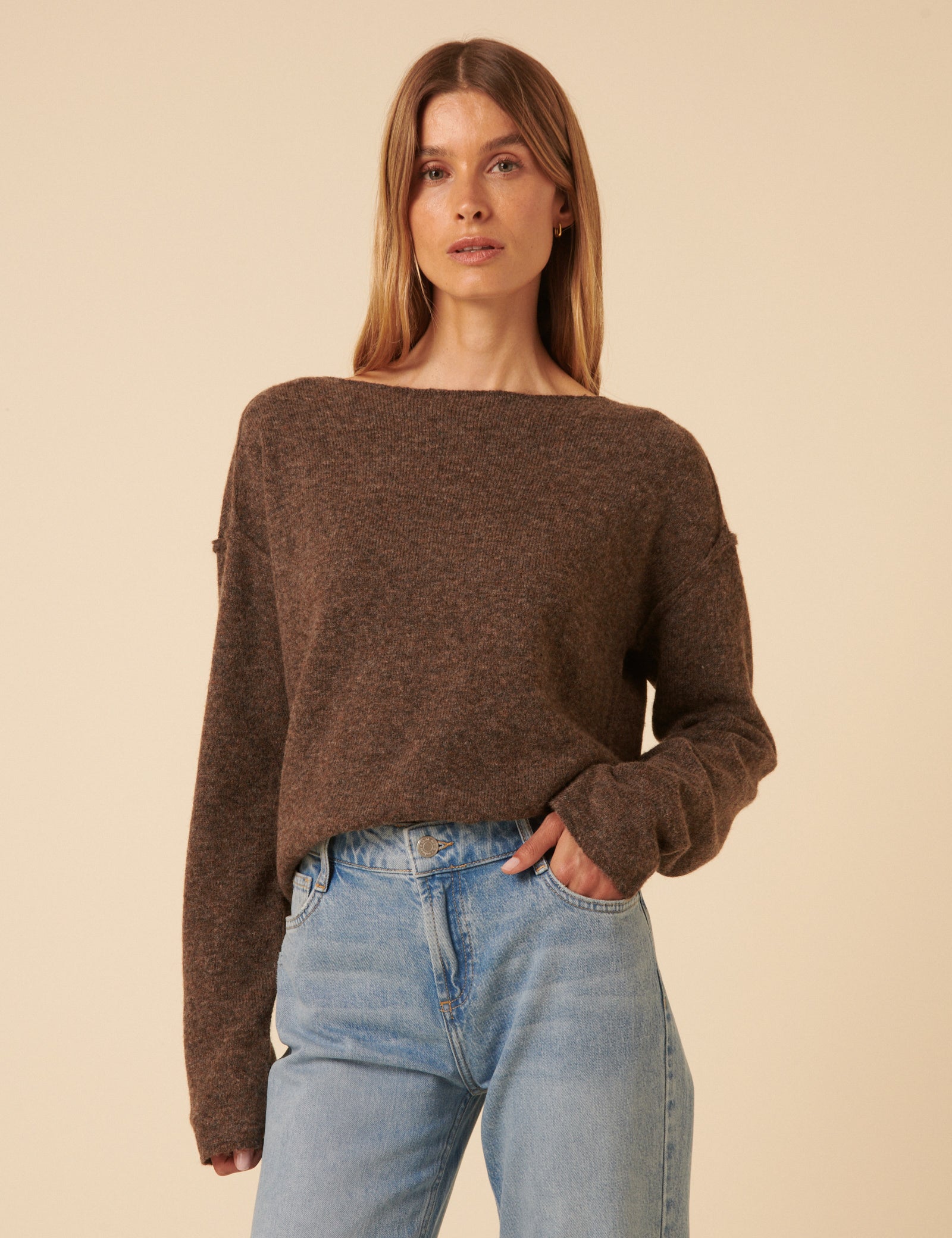 Brown Slash Neck Knitted Jumper