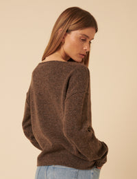 Brown Slash Neck Knitted Jumper