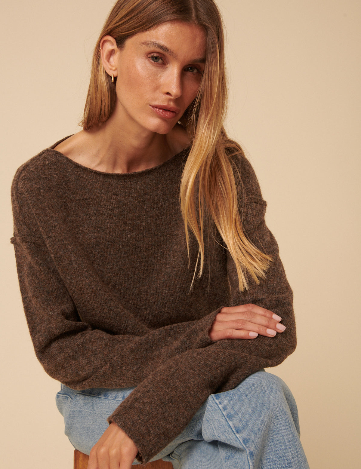 Brown Slash Neck Knitted Jumper